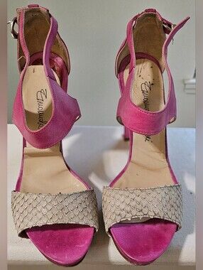 Pink Suede & Snake Textured Open-Toe Heels